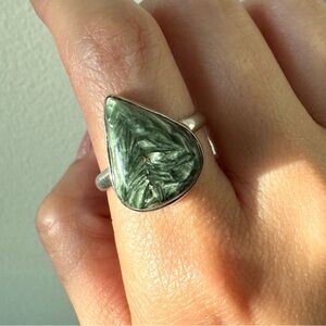 Seraphinite Teardrop Sterling Silver Ring with Bezel Set Cabochon, Size 8.5